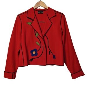 Beppa‎ Boiled Wool Jacket Womens Small Red Floral Embroidered Art to Wear Piping